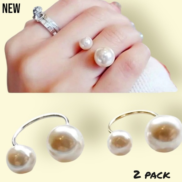 💝New 2 Ring Set Silver & Gold Faux Pearl Adjustable Rings - Picture 5 of 7